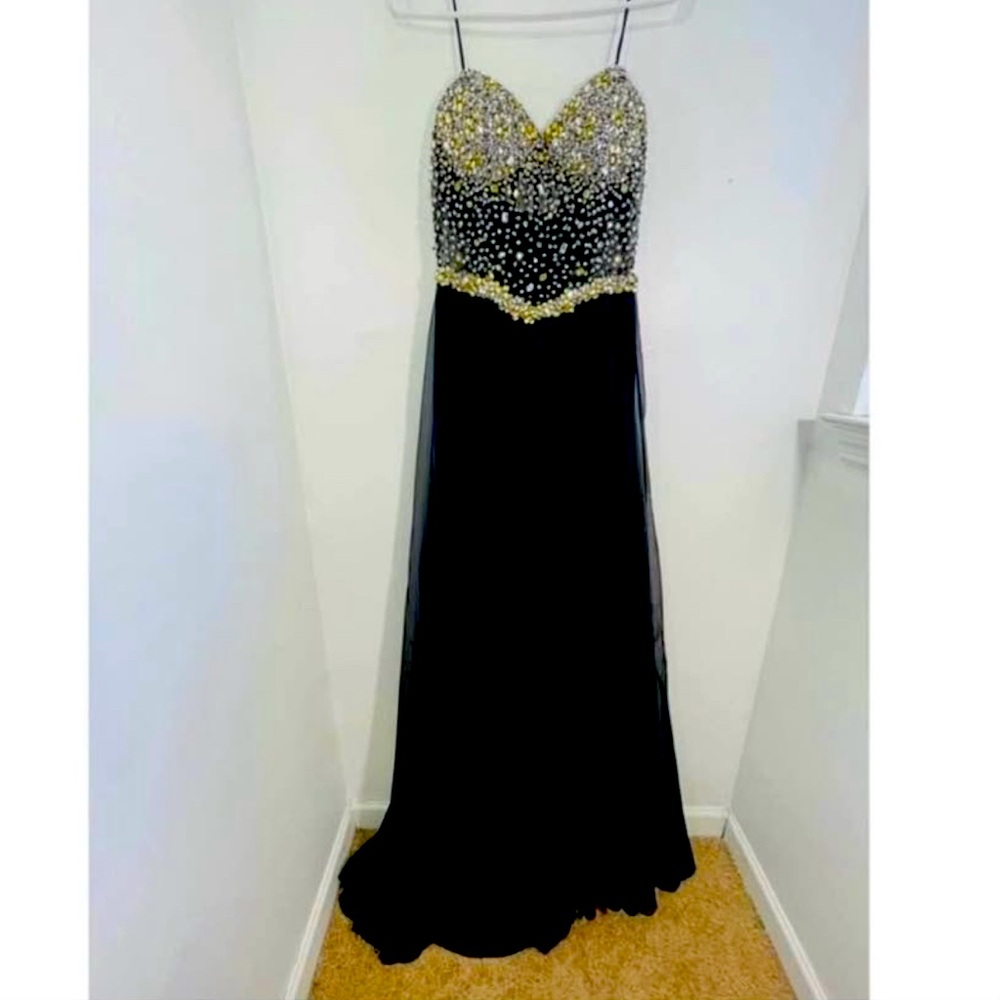 Mac Duggal Black A-Line Front Slit Gold & Silver Sequin & Beading Formal Gown 6